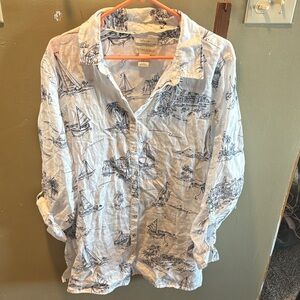 Cynthia Rowley 💯%Linen Top with  Blue and White Design